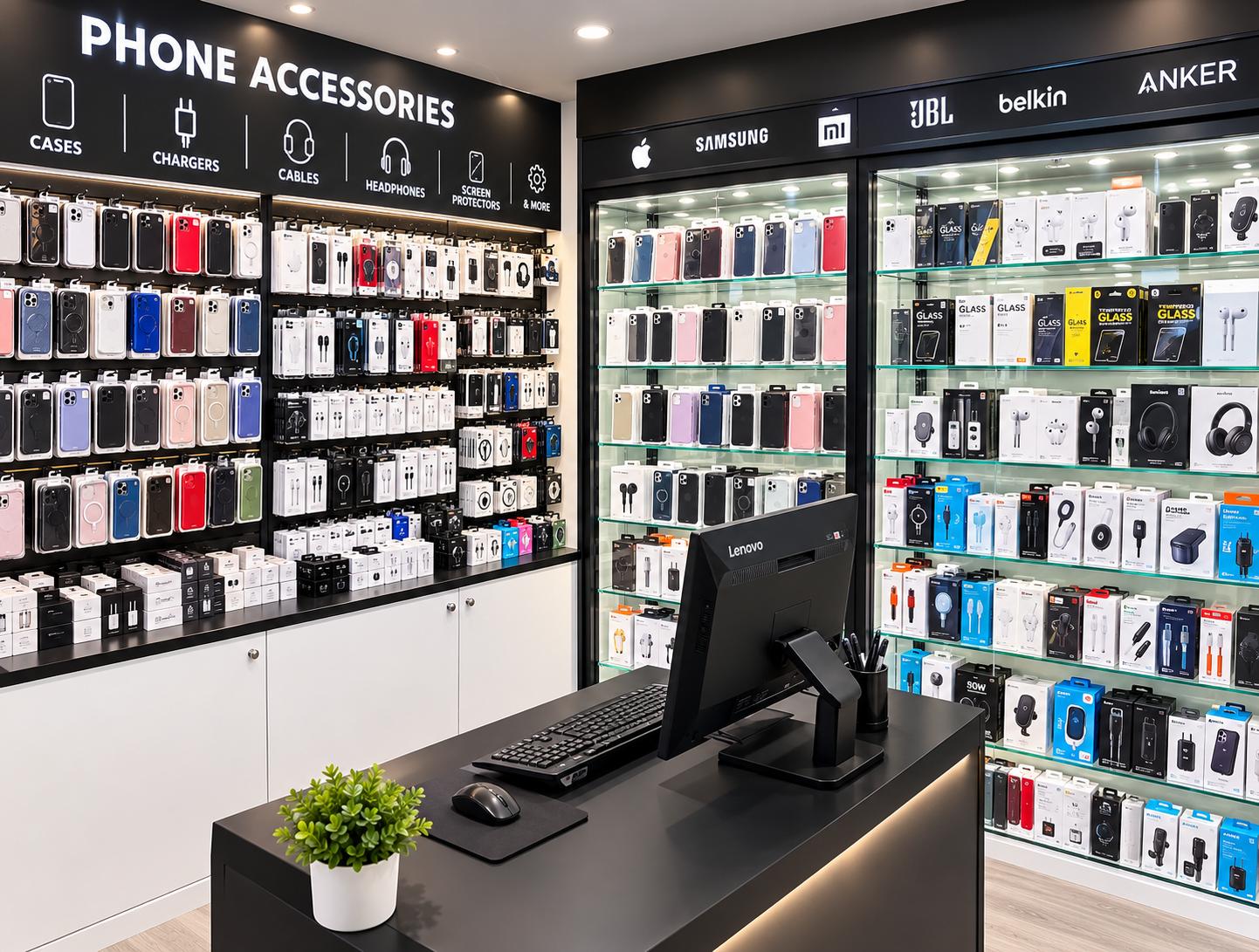 Phone and laptop accessories on display in store