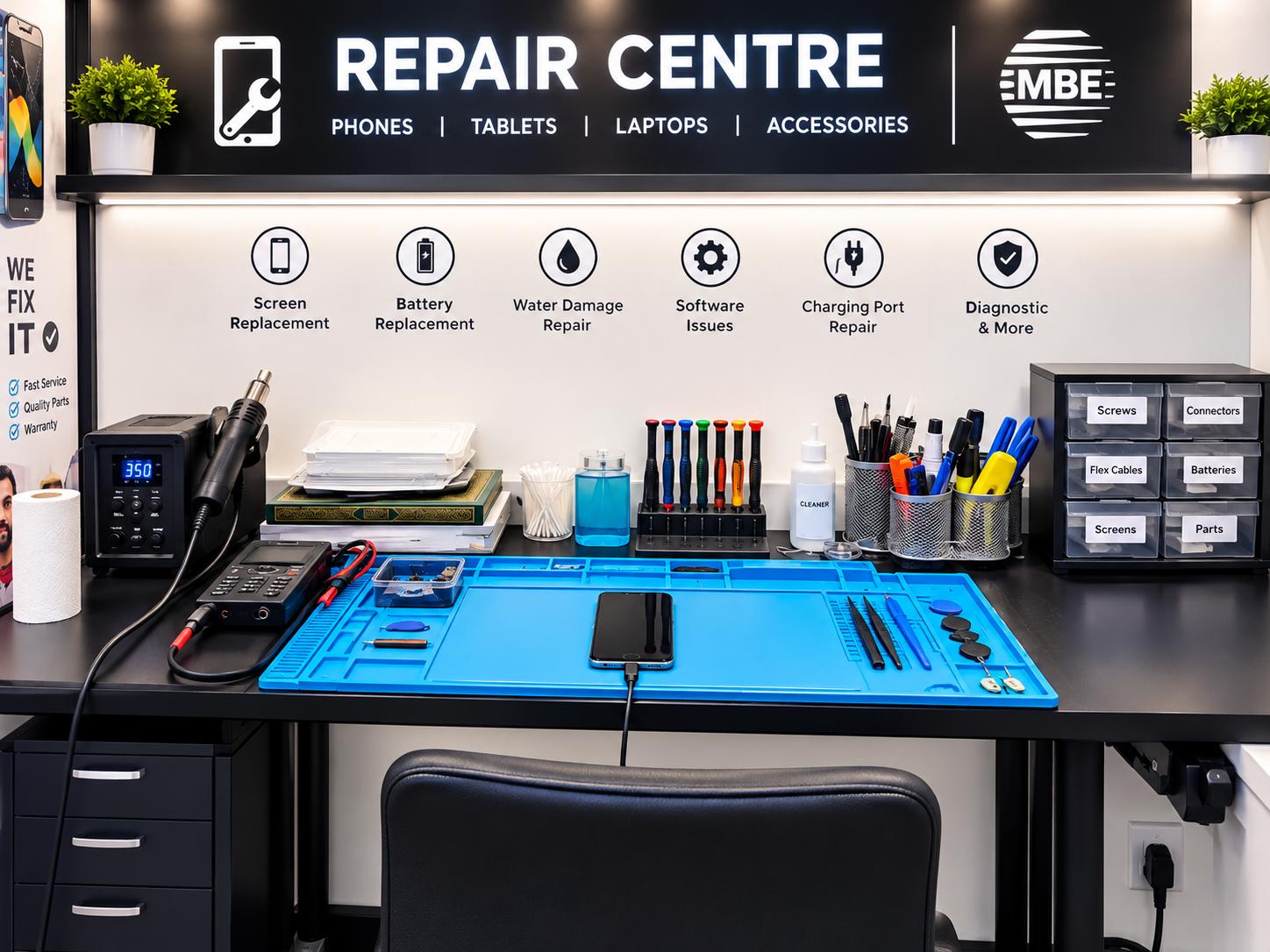 Our in-store repair bench with diagnostic and repair tools